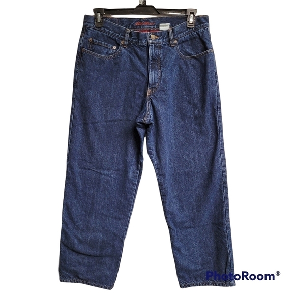 Eddie Bauer Inner Red Plaid Flannel Lined Relaxed Fit Blue Denim Jeans 35x30 - Picture 3 of 13